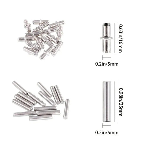Heavy Duty Shelf Pegs And Pins Set For Cabinets And Bookshelves, Durable steel pin holders 0.63in and 0.98in with measurements