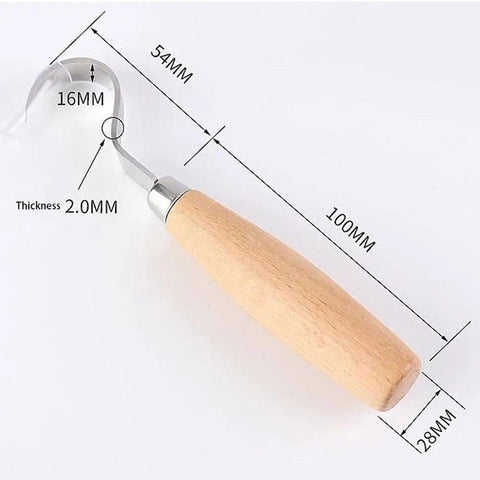 Kickass Stainless Steel Spoon Carving Knife And Hand Chisel Tools With Slick Ergonomic Grip For Badass Woodcut Chip Carving showing 54mm blade and wooden handle.