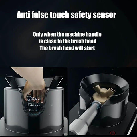 Hella Fast Cleanup With This Electric Coffee Portafilter Cleaner features anti-false touch safety sensor and brush head activation.