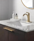Bathroom with Arvo Brushed Gold One Hole Bathroom Faucet For Vanity With Push-Pop Drain, Champagne Bronze Finish, on marble sink