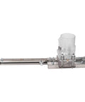 Wood router tool with sliding guide rail and transparent dust-collection container; metal base (side view)