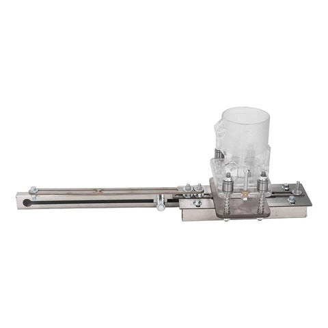 Wood router tool with sliding guide rail and transparent dust-collection container; metal base (side view)