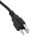 Black two-prong electrical plug with cable, showing close-up view of metal prongs and durable plastic housing.