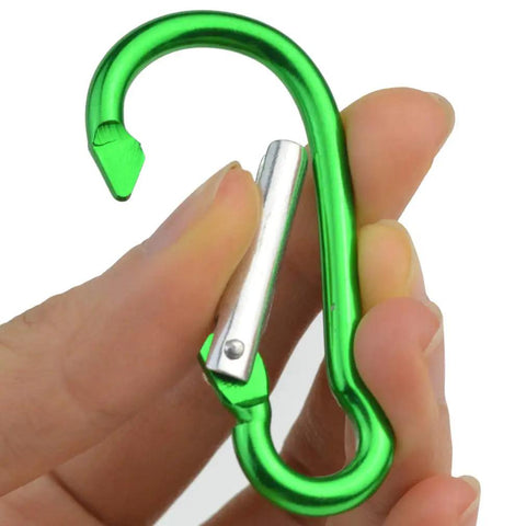 Close-up of a green aluminum carabiner from 20 Pack Carabiner Clips With Keychains And D Ring Hooks Multi Size Set For Backpacks Water Bottles Keys Home RV Outdoor Includes 3 Styles And Assorted Colors.