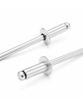 Hella Durable Stainless Steel Pop Rivets Featuring Smooth One Side Installation Metal Fasteners For Kickass Grip On Heavy Duty Construction Repair Tasks Comes In A 100 Count Pack showing two rivets, one with a flat end.