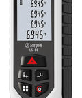 Backlit Laser Distance Meter With 0.5 Second Readings, Measures Up To 328 Feet, Ultra Accurate 2mm Precision, Class 2 Laser, Handy Multi Mode Range Finder For DIY, Construction, Real Estate, And Interior Design. Front view of handheld laser distance meter with backlit display and buttons