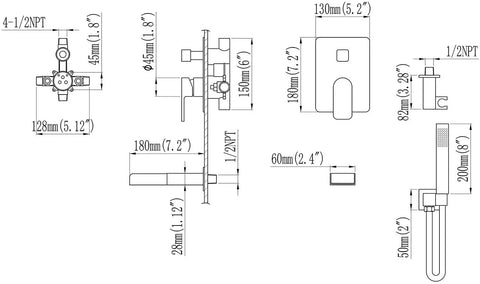 Technical diagram for Brushed Gold Wall Mount Tub Faucet With Handheld Sprayer And Hand Shower, Single-Handle Tub Filler