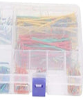 Complete Breadboard Jumper Wire Kit With 560 Piece Solderless Cables In Multicolored Assorted Lengths Plus Sturdy Storage Box shown with organized wires.
