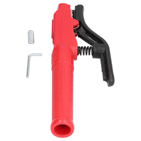Heavy Hitter Welding Electrode Clamp, 1000A Copper Jaw Stinger, scald resistant grip with adjustable angle attachment.
