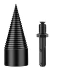 Two-piece firewood drill bit set: large black tapered auger and 38 mm round-handle driver.