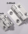 Two aluminum alloy torque-position hinges, 1.85 in and 2.45 in, silver, angled top view with mounting holes