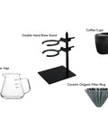 Double Tier Pour Over Coffee Dripper Stand With Glass Server And Ceramic Filter Cup Adjustable Height, featuring brew stand and coffee accessories.