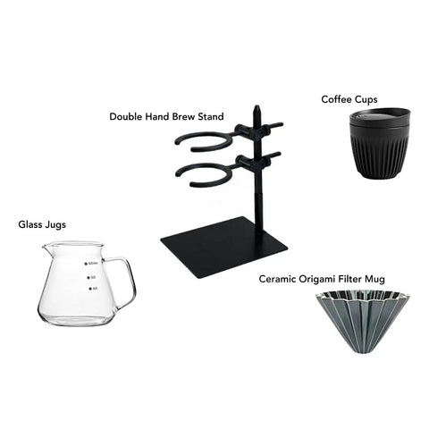 Double Tier Pour Over Coffee Dripper Stand With Glass Server And Ceramic Filter Cup Adjustable Height, featuring brew stand and coffee accessories.