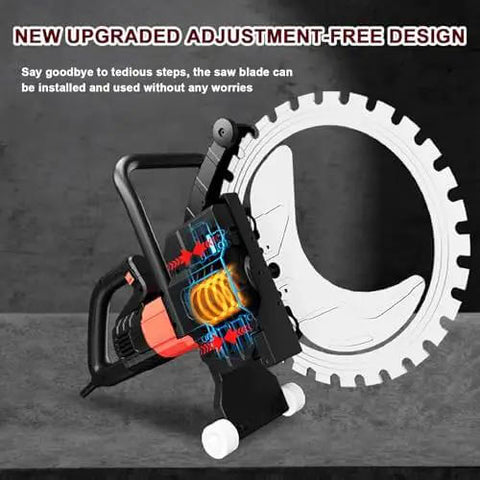 Straight Up Heavy Duty Brushless Concrete Cutter Ring Saw With Switchable Titanium Blade Sizes And Zero Hassle Automatic Adjustment 8900W Brushless Motor Hits 3000Rpm, showcasing internal design and adjustment-free blade installation.
