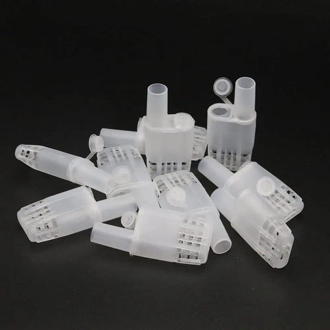 Plastic Queen Bee Cages 20 Pack Transporting Catcher Kit For Beekeeping, white durable plastic cages on black background.