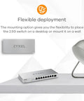 8 Port 2.5G Unmanaged Switch With 10G SFP Plus Uplink, fanless desktop Ethernet splitter on a desk with lamp, flexible deployment option