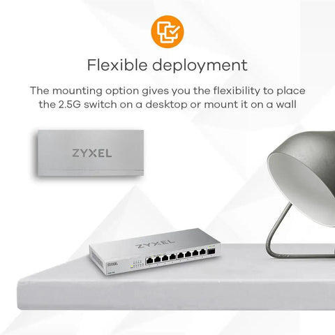 8 Port 2.5G Unmanaged Switch With 10G SFP Plus Uplink, fanless desktop Ethernet splitter on a desk with lamp, flexible deployment option