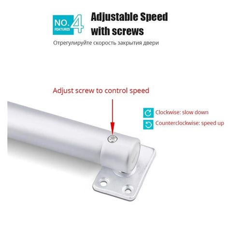 Automatic Door Closer With Silent Soft Close showing adjustable speed screw for tension control, suitable for doors up to 60kg.
