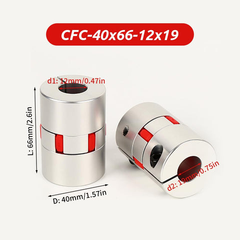 Plum Flexible Shaft Coupling 12mm To 19mm Adjustable Bore, 40mm Diameter, 66mm Length, Aluminum Spider Coupler, two views