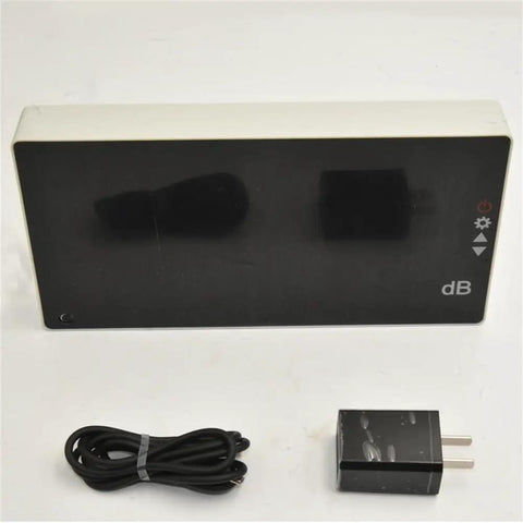 Wall Mounted Sound Level Meter 30 To 130 dB With Alarm Digital Decibel Meter 1.5 dB Accuracy A Weighting For Factory Office And Home Noise Monitoring Type C USB Powered Or Battery Powered Easy Install And Real Time Monitoring, front view with USB cable and adapter