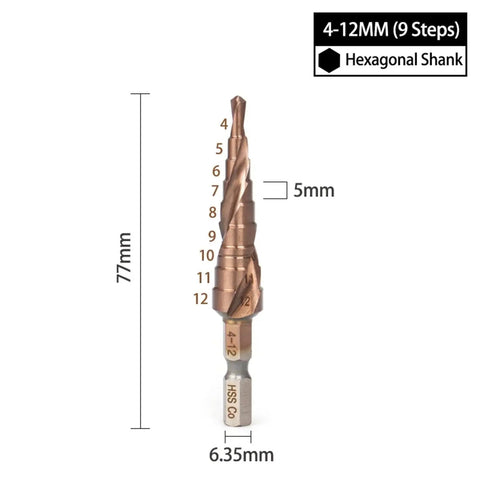 Get This High Performance HSS M35 Cobalt Step Drill Bit With 4 To 12mm Hole Saw Kit And Spiral Groove For Stainless Steel And Tri Hex Shank For Serious Drilling Jobs Today, 4-12mm step drill bit with hex shank, 77mm length