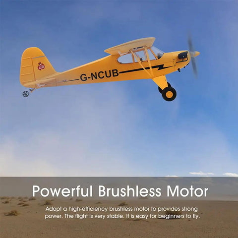 Yellow Upgrade 5 Channel RC Plane With 3D And 6G Gyro J3 Cub Style Airplane For Adults, flying over a desert landscape
