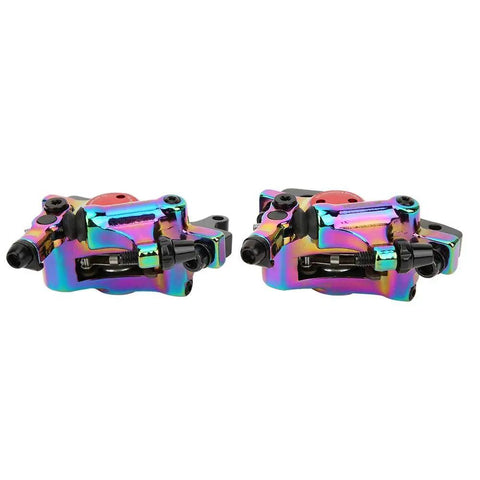 Heavy Duty Hydraulic Disc Brake Set For Mountain And Road Bikes Sturdy Aluminum Alloy Calipers in vibrant rainbow finish.