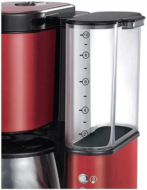 Close-up of Automatic Bean Grinding Espresso Machine With Glass Carafe, Compact Red Coffee Maker For Home Or Office Use, 800W Power