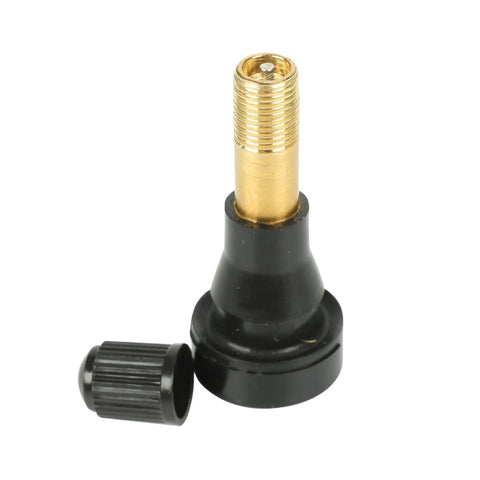 One TR-600HP snap-in high-pressure tire valve stem with 1-1/4 inch brass stem and black plastic base, cap included
