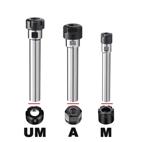 Heavy Duty ER Series Extension Rod For Milling Machines With Straight Shank Collet Adapter For C16 Tool Holder and Deep Machining Jobs to Handle Any Cutting Task, showing three sizes with collet nuts.