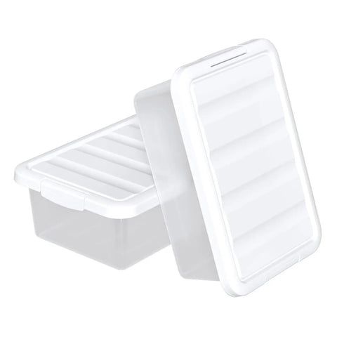 Two Pack 14 Quart Stackable Plastic Storage Bins With Lids For Shoes And Crafts Organization On Closet Shelves In The Garage