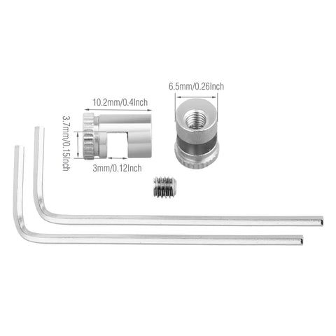 Two Pack Buck 110 Folding Knife Thumb Studs Replacement Button For Folding Hunting Knives Fits Blade Thickness 2.5mm To 3mm Includes One Sixteenth Inch Hex Wrench Silver Finish Durable Upgrade For Easy Field Install showing thumb studs and hex wrench with measurements