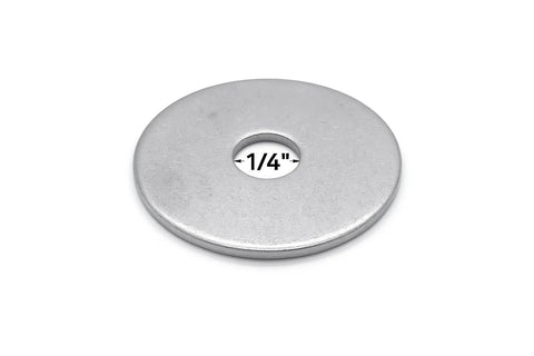 Front view of a silver 304 stainless steel fender washer, 1-1/4 in outer diameter with 1/4 in hole.