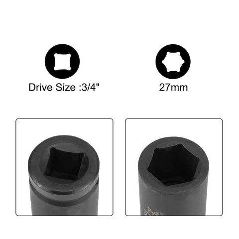 Three Quarter Inch Drive 27mm Deep Impact Socket 6 Point CrMo Alloy Steel Metric Heavy Duty Torque Tool For High Torque Fasteners