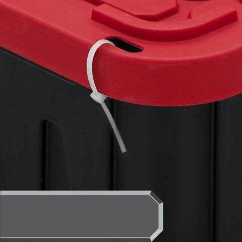 Heavy Duty 27 Gallon Storage Bin 2 Pack Large Plastic Container With Secure Snap On Lid Industrial Home Organization Tote Box close-up of red lid