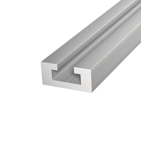 Close-up view of 24 Inch Aluminum Mini T Track For Jigs And Fixtures Pretty Dang Tough Shop Essential With No Sweat Setup Perfect For Workbenches Drill Press And Router Tables Made In USA.