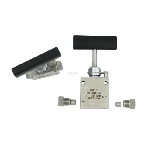 Front and side views of two stainless steel SS316 high-pressure needle valves with black T-handles and metal adapters.