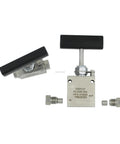 Front view of SS316 stainless steel high-pressure needle valve with black T-handle and two adapter fittings.