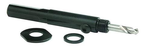 RotaCut Hole Cutter Master Kit Twenty One Piece Set for Sheet Metal piece with metal drill attachment and two washers.