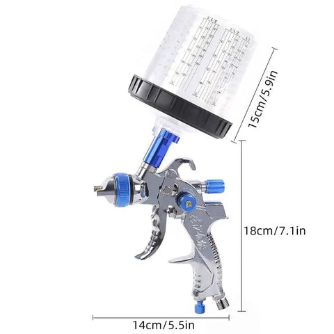 Kickbutt Pneumatic Paint Spray Gun For Auto Body Work With Knockout Atomization Integrated Pressure Regulator Drop In No Clean Cups And Roomy Six Hundred Ml Red Set angle showing nozzle and 600 ml cup.