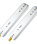 Heavy Duty Drawer Slides With Lock And Full Extension Eighty Inch Three Section Ball Bearing Tracks built tough, showing metallic tracks with yellow levers.