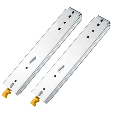 Heavy Duty Drawer Slides With Lock And Full Extension Eighty Inch Three Section Ball Bearing Tracks built tough, showing metallic tracks with yellow levers.
