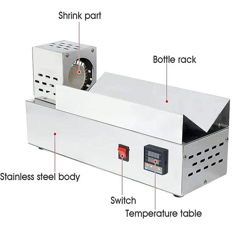 GFJYKDL Capsule Heat Shrink Machine For Bottle Sealing Commercial PVC Capsule Shrinker stainless steel body with controls and bottle rack.