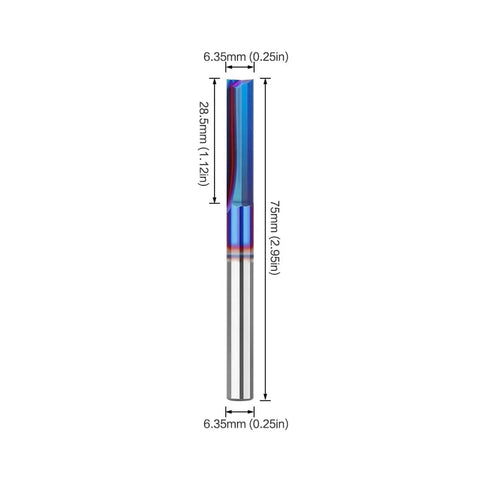 Pro Two Blade Straight Slotting Router Bit With Blue Nano Coating For Precision Grooving And Cutting Woodworking, Cabinetry Or Furniture Making Slots With 1/4 Inch And 8mm Shank Options Built To Last, displaying dimensions.