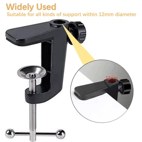 Pro Grade Aluminum Alloy Adjustable C Clamp Mount For Universal Desk Lamps And Mic Arms showing reliable clamp for 12mm support.