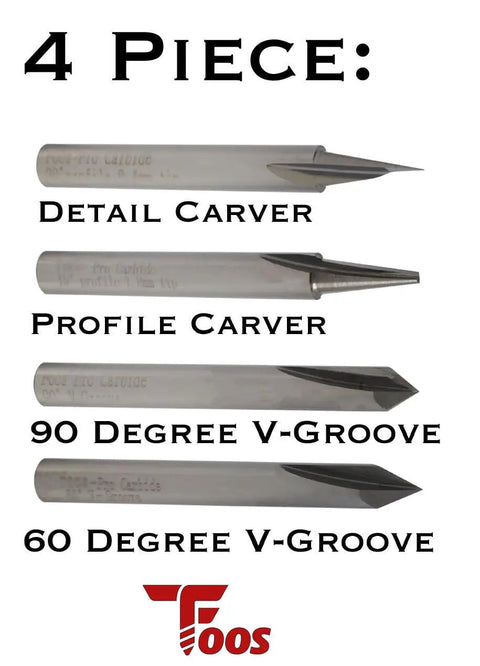 Heavy Duty Four Piece Solid Carbide Engraving And CNC Wood Carving Router Bit Set With One Quarter Inch Shanks Showing Each Bit