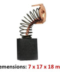 Upgraded Carbon Brush Set For 700 Pipe Threader, OE 44815 R700 Compatible Accessory, carbon brush with spring detail and dimensions 7 x 17 x 18 mm.