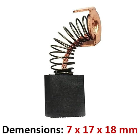 Upgraded Carbon Brush Set For 700 Pipe Threader, OE 44815 R700 Compatible Accessory, carbon brush with spring detail and dimensions 7 x 17 x 18 mm.