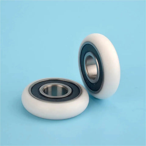Super Dope 10 Pack Of Circular Arc Plastic Coated Bearings 6202RS with white nylon coating on blue background.