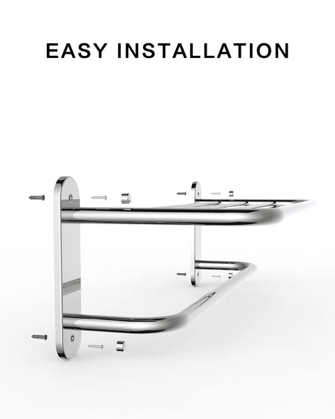 24 Inch Towel Rack With Top Shelf And Single Bar, Stainless Steel And Zinc Alloy Wall Mount Chrome Bathroom Accessory, Easy Installation